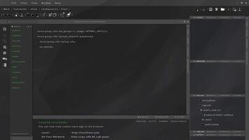 Interactive user interface designed for computer scientists, showcasing animated code in JavaScript programming language. 3D rendering of coding software UI used by engineers doing debugging video