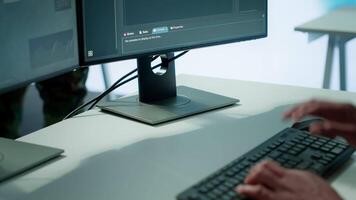 Military professionals in a mission control center employs modern technology to analyze satellite imagery and data, tracking threats and support intelligence operations. Surveillance system. Camera A. video