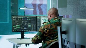 High tech military office with soldiers analyzing real time data, processing intelligence information and coordinating strategic operations to support army field missions effectively. Camera A. video