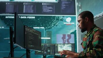 Military professionals in a mission control center employs modern technology to analyze satellite imagery and data, tracking threats and support intelligence operations. Surveillance system. Camera B. video