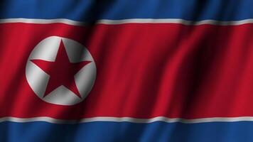 Animation loop of North Korean national flag featuring blue and white stripes and red star. Democratic Peoples Republic of Korea Pyongyang regime flag fluttering in wind, 3D rendering video