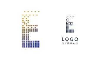 Pixelated Letter E transitioning into scattered pixels with gradient colors creating modern, digital effect like equalizer. Abstract logo for tech software and digital media. illustration. vector