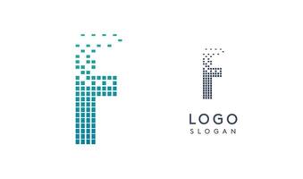 Pixelated Letter F transitioning into scattered pixels with gradient colors creating modern, digital effect like equalizer. Abstract logo for tech software and digital media. illustration. vector