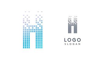 Pixelated Letter H transitioning into scattered pixels with gradient colors creating modern, digital effect like equalizer. Abstract logo for tech software and digital media. illustration. vector