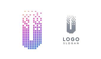 Pixelated Letter U D transitioning into scattered pixels with gradient colors creating modern, digital effect like equalizer. Abstract logo for tech software and digital media. illustration. vector
