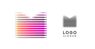 Abstract wide letter M, logo with horizontal gradient lines, dynamic gradient logotype for tech companies, software development, and innovative brands. illustration. vector