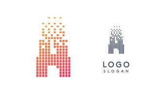 Pixelated Letter A transitioning into scattered pixels with gradient colors creating modern, digital effect like equalizer. Abstract logo for tech software and digital media. illustration. vector