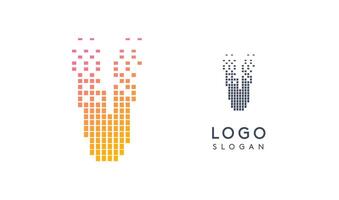 Pixelated Letter V transitioning into scattered pixels with gradient colors creating modern, digital effect like equalizer. Abstract logo for tech software and digital media. illustration. vector