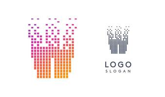 Pixelated Letter W transitioning into scattered pixels with gradient colors creating modern, digital effect like equalizer. Abstract logo for tech software and digital media. illustration. vector