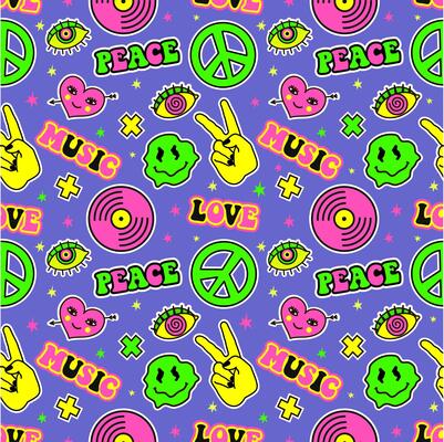 seamless background in trendy retro trippy style. Smiling groovy faces, vinyl, symbol of peace, Rock hand,acid, trippy style seamless pattern wallpaper print concept
