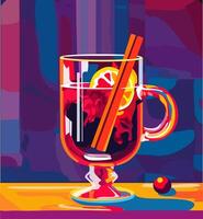 Glass with mulled wine. Mulled wine with cinnamon. Holiday composition. Flat style illustration. Festive greeting card, banner, poster sketch design vector