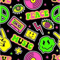 Seamless pattern for retro music party. Nostalgia musical event in 60s and 70s style. Seamless background with vinyl, audio cassettes, a symbol of peace, Rock hand vector