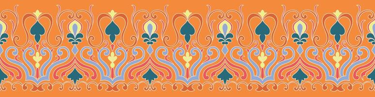 Sunkissed Symmetry A vibrant orange tapestry of ikat patterns, bursting with teal and peach accents, seamlessly repeats in a celebration of global textile art. vector