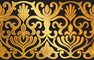 Golden Baroque Seamless Pattern A luxurious, intricate design features a repeating pattern of ornate gold scrollwork on a black background. Perfect for adding a touch of elegance to your projects. vector