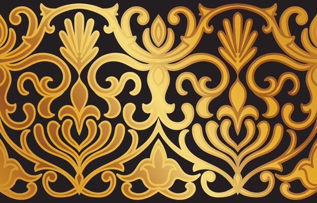 Golden Baroque Seamless Pattern A luxurious, intricate design features a repeating pattern of ornate gold scrollwork on a black background. Perfect for adding a touch of elegance to your projects.