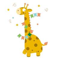 Bright giraffe with colored birthday flags on a white background vector