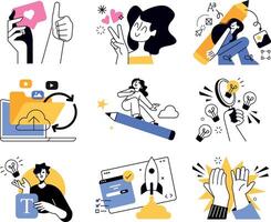 Creative business concept illustrations. illustrations of business idea launch, creativity and innovation, social network, graphic and web design, advertising, content management, communication. vector