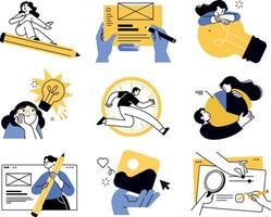 Design and marketing concept illustrations. Set of modern illustrations of digital marketing, social media and networking, graphic and web design and development, creative idea and innovation. vector