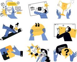 Design and marketing concept illustrations. Set of modern illustrations of digital marketing, social media and networking, graphic and web design and development, creative idea and innovation. vector