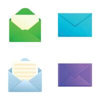 Message envelope icons set cartoon vector. Open and close envelope with document vector