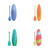Paddleboarding icons set cartoon vector. Bright inflatable sup board with paddle vector