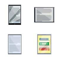 Electronic library icons set cartoon vector. Gadget with book and text on screen vector