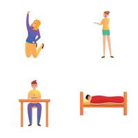 Daily activity icons set cartoon vector. Guy and girl doing different thing vector