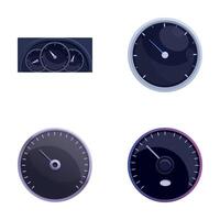 Various speedometer icons set cartoon vector. Different style of speedometer vector