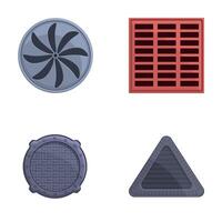 Iron manhole icons set cartoon vector. Road hatch of different shape and color vector