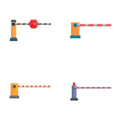 Railway crossing icons set cartoon vector. Open and closed railroad barrier