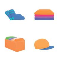 Donating icons set cartoon vector. Cardboard box full of different thing vector