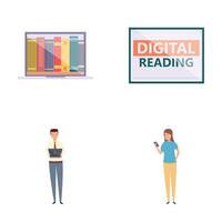 Digital reading icons set cartoon vector. People reading book in online library vector