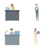 Overtime worker icons set cartoon vector. Office employee working overtime vector