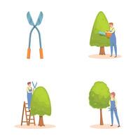 Pruning work icons set cartoon vector. Professional gardener with various tool vector