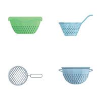 Various colander icons set cartoon vector. Colander of various shape and color vector