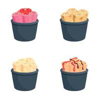 Fried icecream icons set cartoon vector. Colorful rolled ice cream in cup vector