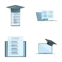 E learning icons set cartoon vector. Taking exam or test on device screen vector