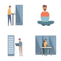It administrator icons set cartoon vector. Sysadmin adjusting network connection vector