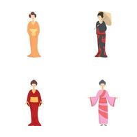 Set of four diverse geisha characters in traditional attire vector