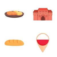 Cultural icons set, food, architecture, and location marker vector