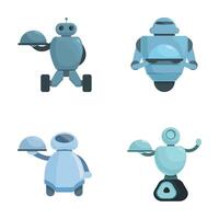 Set of cartoon service robots with trays vector