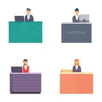 Set of reception desks with staff illustrations vector