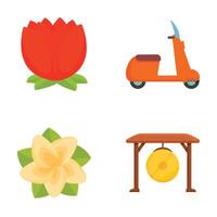 Set of colorful vector icons, tulip, scooter, jasmine, gong