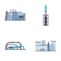Vector icons depicting elements of industrial infrastructure including a factory, refinery, pipelines, and flare stack