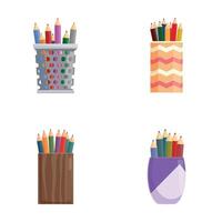 Set of colorful pencil holders with assorted pencils vector