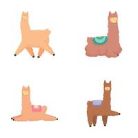 Set of four cute cartoon llamas in various poses and with colorful accessories vector