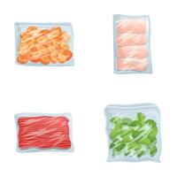 Digital illustration of various vacuumsealed food items including meats and vegetables vector