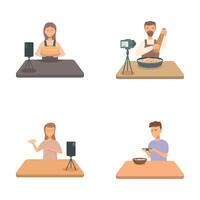 Set of illustrations featuring food bloggers recording culinary tutorials vector