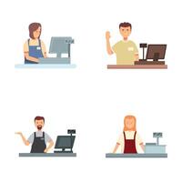 Set of cashiers working at checkout counters vector