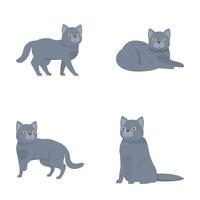 Set of four cute grey cartoon cats in various poses on a plain background vector